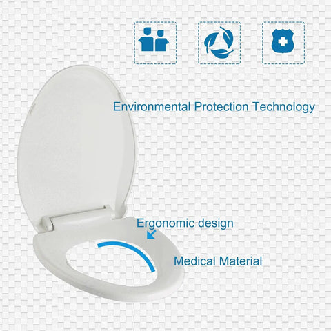 Premium White Elongated Toilet Seat Featuring Silent Slow Close Hinges Crafted From Tough Polypropylene With Zero Wiggle Room Rock Solid Construction Fits Standard American Homes And Makes Any Install Dead Easy angled view showcasing ergonomic design and medical material.