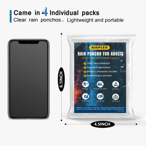 Clear Rain Ponchos For Adults With Hood 4 Pack Lightweight Tear Resistant Emergency Rain Gear For Travel And Outdoor Adventures packaging