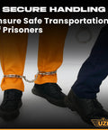 Real Deal Stainless Steel Leg Irons With 16 Inch Twist Chain Double Lock Restraints Police Grade Shackles on ankles for secure prisoner transport.