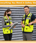 Two workers in Top Shelf Hi Vis Safety Vest Equipped With Authentic 3M Reflective Strips For Road Crews And Night Shift Grinds.