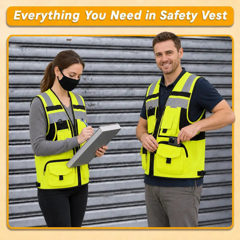 Two workers in Top Shelf Hi Vis Safety Vest Equipped With Authentic 3M Reflective Strips For Road Crews And Night Shift Grinds.