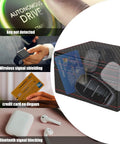 Faraday Key Fob Box For Car Keys, RFID Signal Blocking Case showing key, credit card, AirPods and wireless signal blocking features