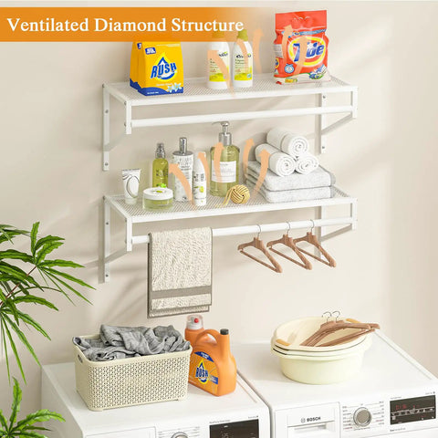 Heavy Duty Workhorse Wall Mounted Closet Shelves With Hanging Rod Four Pack Floating White Wire Shelving For Laundry Room And Garage Organization Straight Shooter Setup with clean towels and organized detergents.