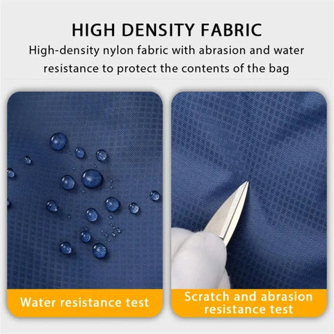Ultralight Foldable Backpack For Hiking And Cycling Portable Travel Rucksack showing water and scratch resistance tests on nylon bag