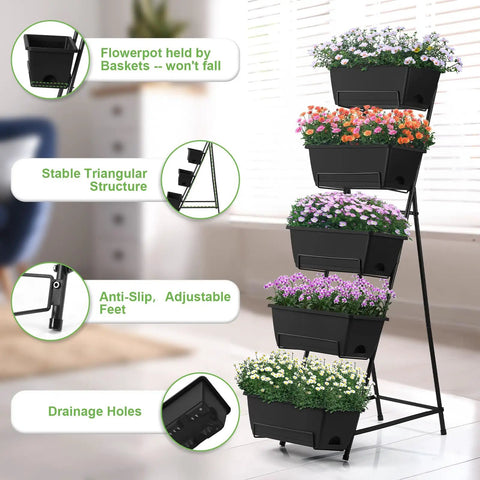 Five Tier Vertical Raised Garden Bed Planter Box With Drainage Holes Heavy Duty Metal Frame For Indoor Outdoor Use Must Have Space Saving Design For Herbs Flowers Vegetables And Other Plants Black in living room setting.