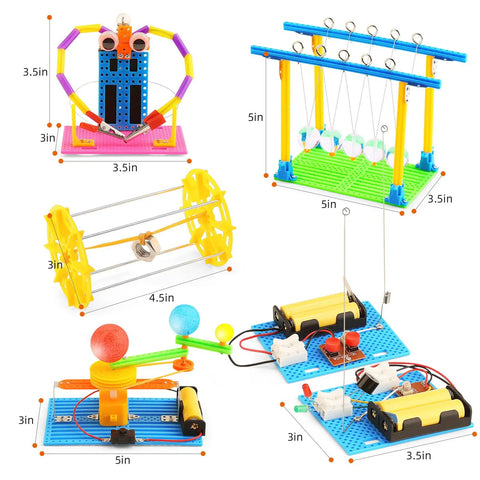 Hands On Five Model STEM Science Kit For Kids Ages 6 7 8 9 10 11 12 Featuring Telegraph Newtons Cradle Sun Earth Moon Orbit Model And More Educational Engineering Toys For Boys And Girls shown with measurements
