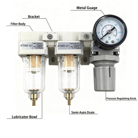 Dual Air Filter And Regulator Combo with Water And Oil Trap Separator and Drying System with pressure gauge and metal bracket