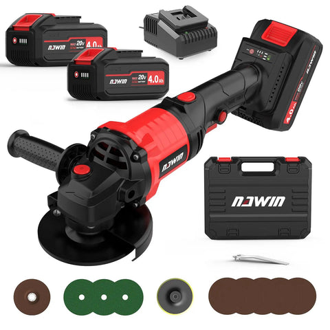Cordless 4.5 Inch Angle Grinder With Battery And Charger, 9000 RPM Brushless Beast, 3-Speed Precision Control, Variable Speed Grinder For Metal Cutting, Rust Busting And Wood Sanding, Includes 4.0Ah Battery displayed with accessories.