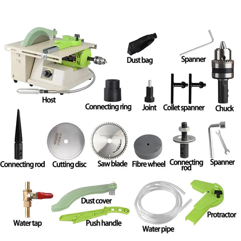 Components of Pro 110V Gem Faceting Machine 5-in-1 Bench Grinder for polishing jade stone carving and wood.