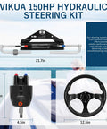 Hydraulic Outboard Steering Kit With Wheel Cylinder Helm Pump 20 Ft Hoses And Installation Parts For Single Engine Boats Up To 150HP Plug And Play Ready To Install And Complete With All Hardware. Image showing kit components including cylinder, pump, and steering wheel with dimensions.