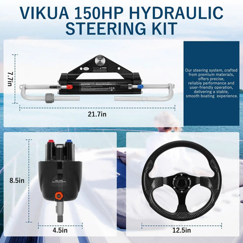 Hydraulic Outboard Steering Kit With Wheel Cylinder Helm Pump 20 Ft Hoses And Installation Parts For Single Engine Boats Up To 150HP Plug And Play Ready To Install And Complete With All Hardware. Image showing kit components including cylinder, pump, and steering wheel with dimensions.