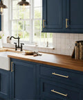 Heavy Duty Zinc Alloy Champagne Gold Cabinet Pulls on blue kitchen cabinets, 3 Inch Center Hole 76mm, Brushed Gold Finish