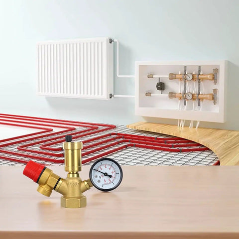 Brass Boiler Safety Group With Pressure Relief Valve And Air Vent For Closed Heating Circuits 6 Bar Relief 10 Bar Gauge on table
