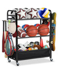 Rolling Ball Storage Cart And Sports Gear Organizer For Garage And Home Gym Indoor And Outdoor Use Holds Basketballs Soccer Balls Baseballs Plus Helmets And Gloves In A Sturdy Nylon Bin With Easy Assembly Hooks And Wheels