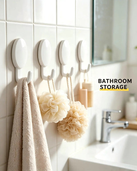 Heavy Duty Adhesive Wall Hooks Three Pack No Drill Waterproof Sticky Hangers Super Strong Grip hang bath accessories on wall.