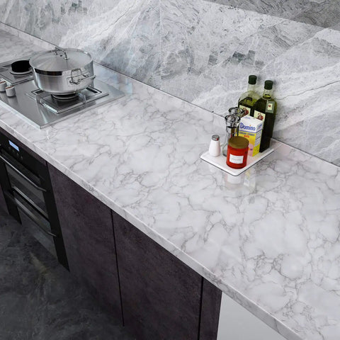 Kitchen counter with Ultra Wide Marble Contact Paper Peel And Stick For Countertops Desks And Tables 36x197 Inches Waterproof Self Adhesive Vinyl Wrap Removable Oil Proof Finish