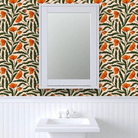Botanical Chintz Vinyl Wallpaper Featuring Subtle Leather Texture Hella Durable Commercial Grade Wallcovering Custom Printed Just For You in a bathroom setting with mirror.