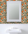 Top Shelf Botanical Chintz Matte Wallcovering With A Crisp Linen Texture Pvc Free Durable Coating in bathroom setting with sink and mirror.
