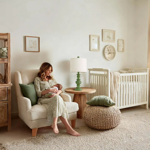 Cozy nursery with Rustic 27.5 Inch Table Lamp Set of 2 with 3-Way Dimmable Touch Control, featuring a wooden design.