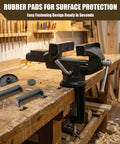 Beefy Three Inch Bench Vise With 360 Degree Swivel Base Clamp On Heavy Duty Cast Iron Vise in woodworking shop setting.