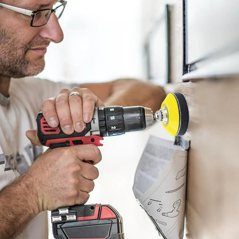 Man using drill with 240 Piece 2 Inch Sanding Discs Pad Kit With Backer Plate And Soft Foam Buffers Pro Grade For Drill Grinder Rotary Tools