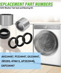 High Quality Plug And Play Top Load Washer Bearing And Seal Kit Easy Spin Cycle Fix Compatible With Whirlpool Kenmore Maytag Admiral Amana Washing Machines Replaces 470615 seals and bearings displayed on a laundry tub background.