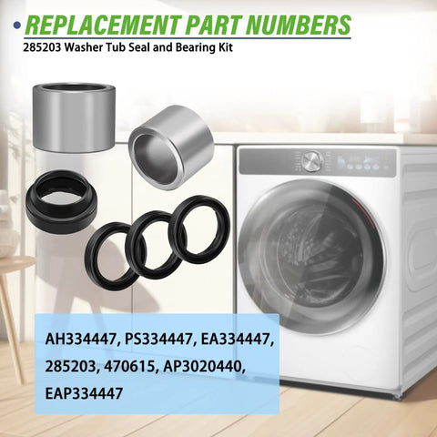High Quality Plug And Play Top Load Washer Bearing And Seal Kit Easy Spin Cycle Fix Compatible With Whirlpool Kenmore Maytag Admiral Amana Washing Machines Replaces 470615 seals and bearings displayed on a laundry tub background.