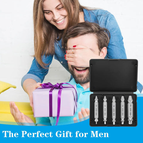 Five Piece Screw Extractor Set For Damaged Stripped Screws Removal Tools Kit displayed in black case beside a gift box