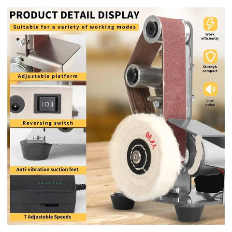 Compact Mini Belt Sander With 7 Variable Speed Settings shown with adjustable platform and reversing switch for precision work.