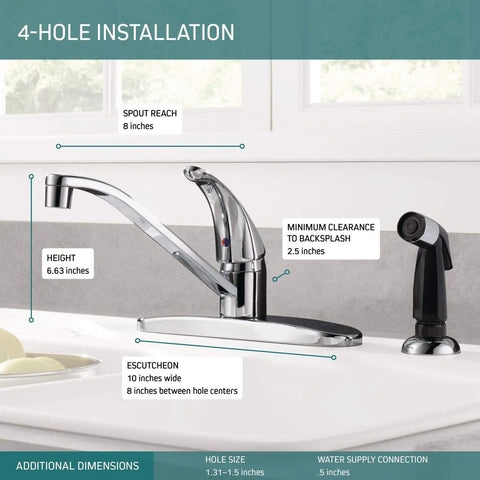 Single Handle Kitchen Sink Faucet With Side Sprayer Chrome Finish 360 Degree Swivel Fits Four Hole Eight Inch Setup Easy Install