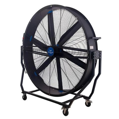 Hulking 78 Inch Mobile Drum Fan Kickin Up Serious Garage Airflow Quiet Tilt Head Industrial Shop Air Circulator on wheels.
