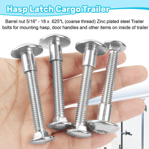 Heavy Duty Trailer Hasp Bolt Kit 8 Piece Set With 5/16 Carriage Bolts Plus Torx Barrel Nuts For Enclosed Cargo Doors - zinc plated steel bolts for secure mounting.
