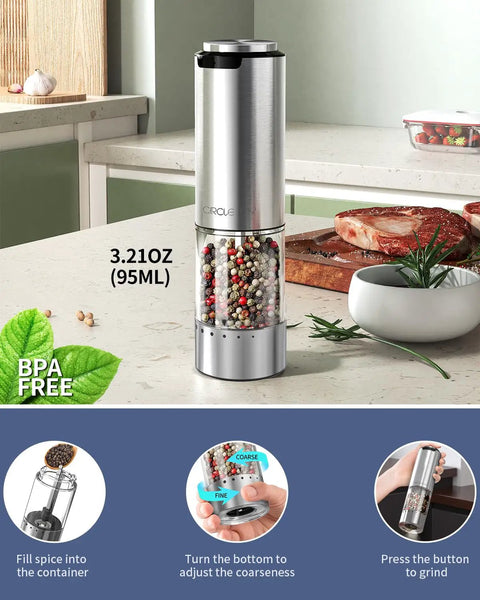 Electric Pepper Grinder Stainless Steel Rechargeable With External Coarseness Dial 95ml Capacity White LED Light Silver Finish