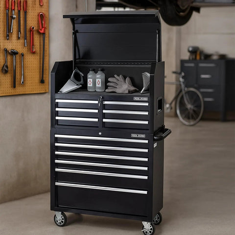 Rolling Tool Cabinet With Detachable Top Toolbox Two In One Modular Tool Storage Cart Lockable Wheels And Ball Bearing Sliders Beefy Heavy Duty Metal Chest In Black Powder Coat For Garage Workshop And Warehouse, black metal 6-drawer cabinet