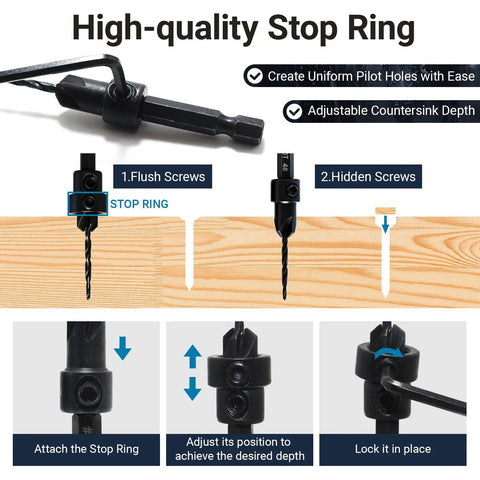 Image showing a close-up of the stop ring feature on a countersink bit from the 18 Piece Countersink Drill Bit Set With HSS Tapered Bits And Wood Plug Cutters, 1/4 Inch Hex Shank.