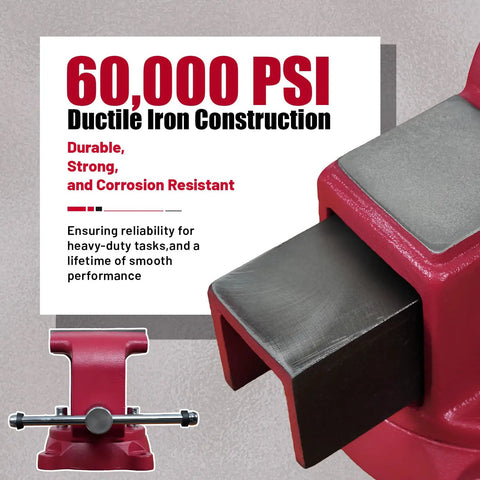 Beast Mode 8 Inch Bench Vise Boasting 360 Degree Swivel Base And 4 Inch Throat Depth with 60000 PSI Ductile Iron construction.