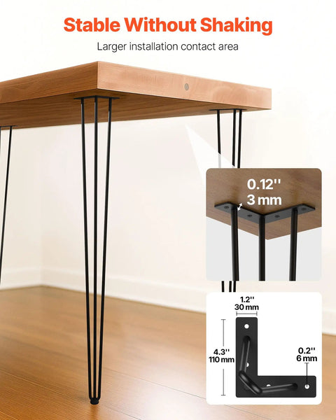 Wooden table with Hairpin Table Legs 34 Inch Black Set Of 4 Beefy Heavy Duty Desk Legs, detail on corner attachment, on hardwood floor.