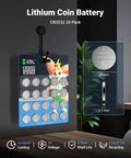 Heavy Duty CR2032 3V Coin Cell Batteries 20 Pack with child-safe design, showcasing pack size and battery dimensions.