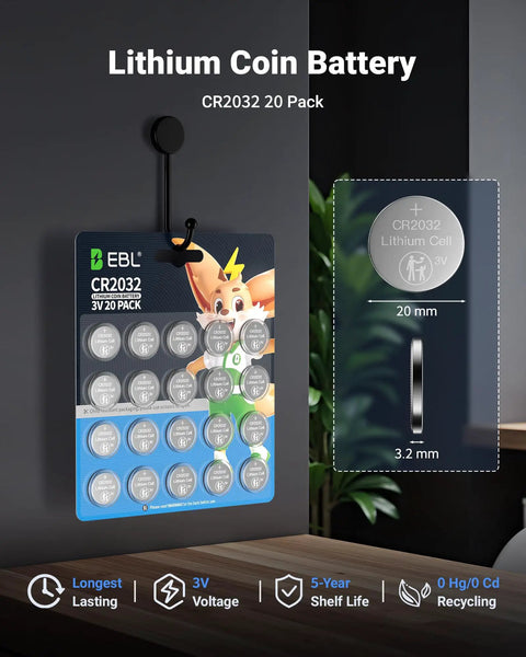 Heavy Duty CR2032 3V Coin Cell Batteries 20 Pack with child-safe design, showcasing pack size and battery dimensions.