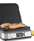 Cuisinart Griddler FIVE Electric Grill With Panini Press cooking salmon fillets with digital display at 400°F.