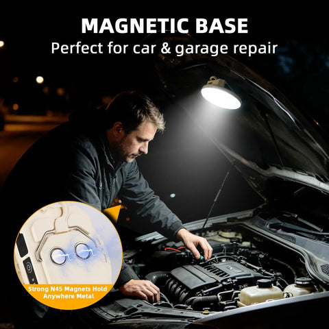 A man uses Beefy 3000LM Rechargeable Camping Light With Magnetic Hanging Hook for car repair under hood at night.