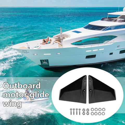 Hydrofoil Stabilizer Kit For External Boat Motors With Anti Cavitation Design, Improves Stability, shown with screws and boat.