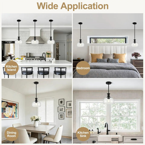 puncoll 2 PK 9 Inch Modern Black Clear Glass Pendant Light above kitchen island, bedroom, dining room, and kitchen sink.