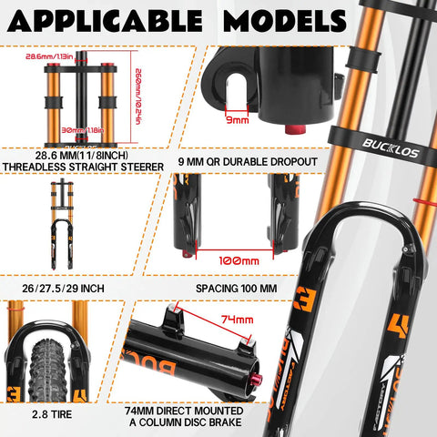 Diagram showing applicable models for Trail-Ready 26 Inch Mountain Bike Front Fork With Air Suspension, 180mm Travel, Rebound Adjust.
