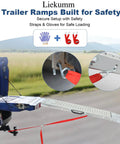 Heavy Duty 74 Inch ATV Ramps 2 Pack With Hella Secure Anti Slip Grip and Rock Solid Stability for Pickup Trucks setup with safety straps and gloves.