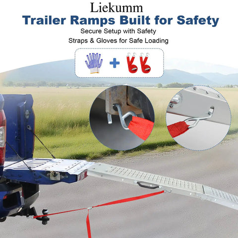 Heavy Duty 74 Inch ATV Ramps 2 Pack With Hella Secure Anti Slip Grip and Rock Solid Stability for Pickup Trucks setup with safety straps and gloves.