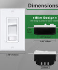 Diagram showing dimensions of 6 Pack Ultra Slim Dimmer Light Switch For LED CFL And Incandescent Lights Easy Install 15A 120V 60Hz Single Pole Or 3 Way 300W LED CFL 600W Incandescent ETL Listed White Slide Dimmer with slim design.