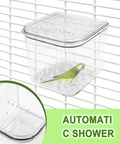 Top Shelf Cage Mounted Bird Feeder Keeping The Mess At Bay With Non Spill Design And Plenty Of Seed Space Featuring A Solid Perch For Your Feathered Friends To Chow Down In Comfort, clear plastic feeder with parakeet.