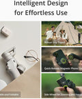 Collage of Osmo Mobile 6 Smartphone Gimbal Stabilizer features: tripod, magnetic clamp, zoom wheel, portable and foldable design.