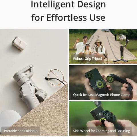 Collage of Osmo Mobile 6 Smartphone Gimbal Stabilizer features: tripod, magnetic clamp, zoom wheel, portable and foldable design.